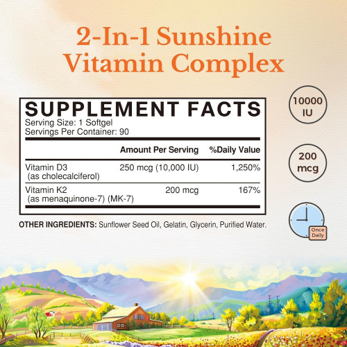 Вітамін Vitalitown Vitamin D3 K2 D3 10000 МО + K2 MK-7 200 мкг, 90 капсул